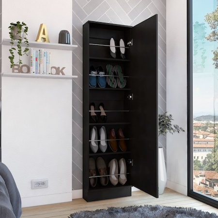 Tuhome Leto Xl Shoe Rack, Mirror, Five Interior Shelves, Single Door Cabinet, Black ZLW6728